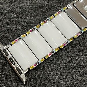 Anne Klein White Ceramic Bracelet Watch Band with Multicolor Crystal Accents